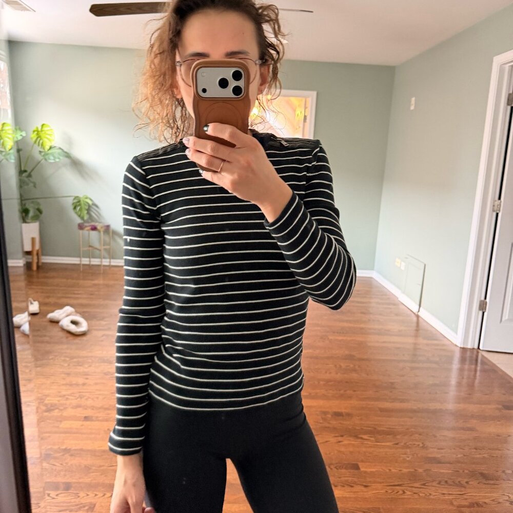 Lauren Ralph Lauren Black & White Striped Knit Top with Zipper Shoulders